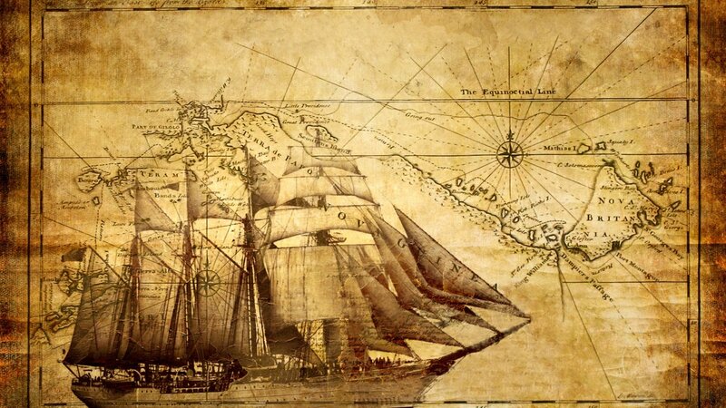 Sailing Ship on Map — Brown, Historical, Illustration