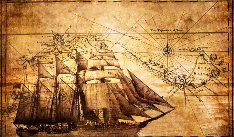 Sailing Ship on Map — Brown, Historical