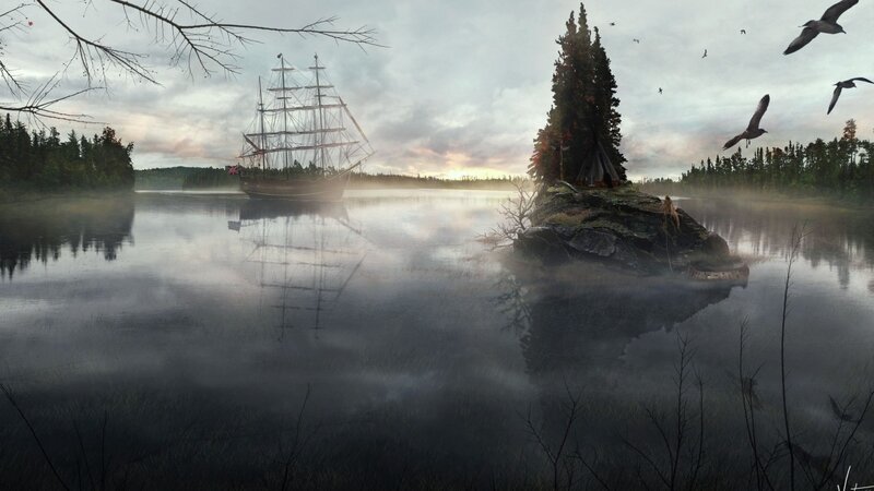 sailing ship on misty lake