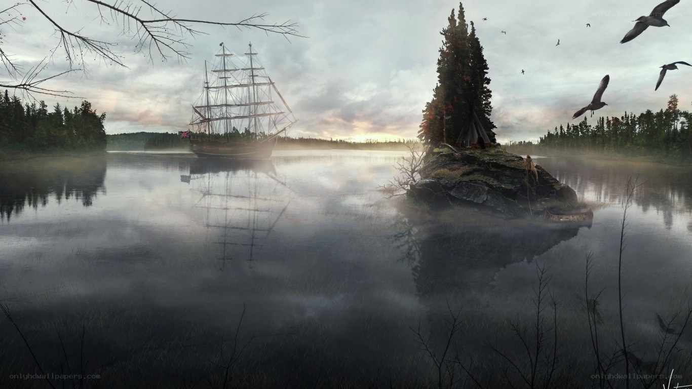 sailing ship on misty lake