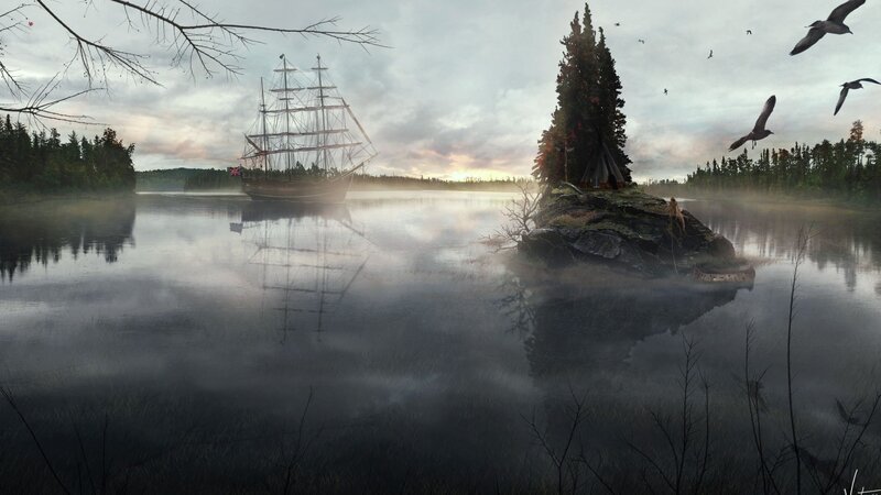 Sailing Ship on Misty Lake — Gray