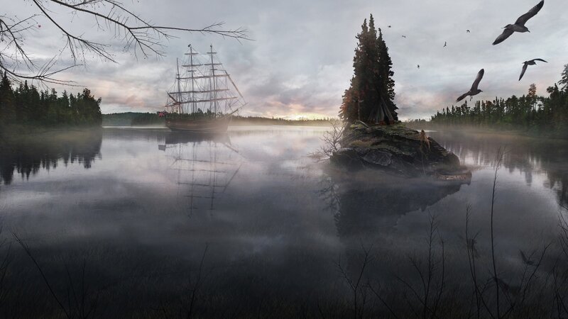 sailing ship on misty lake