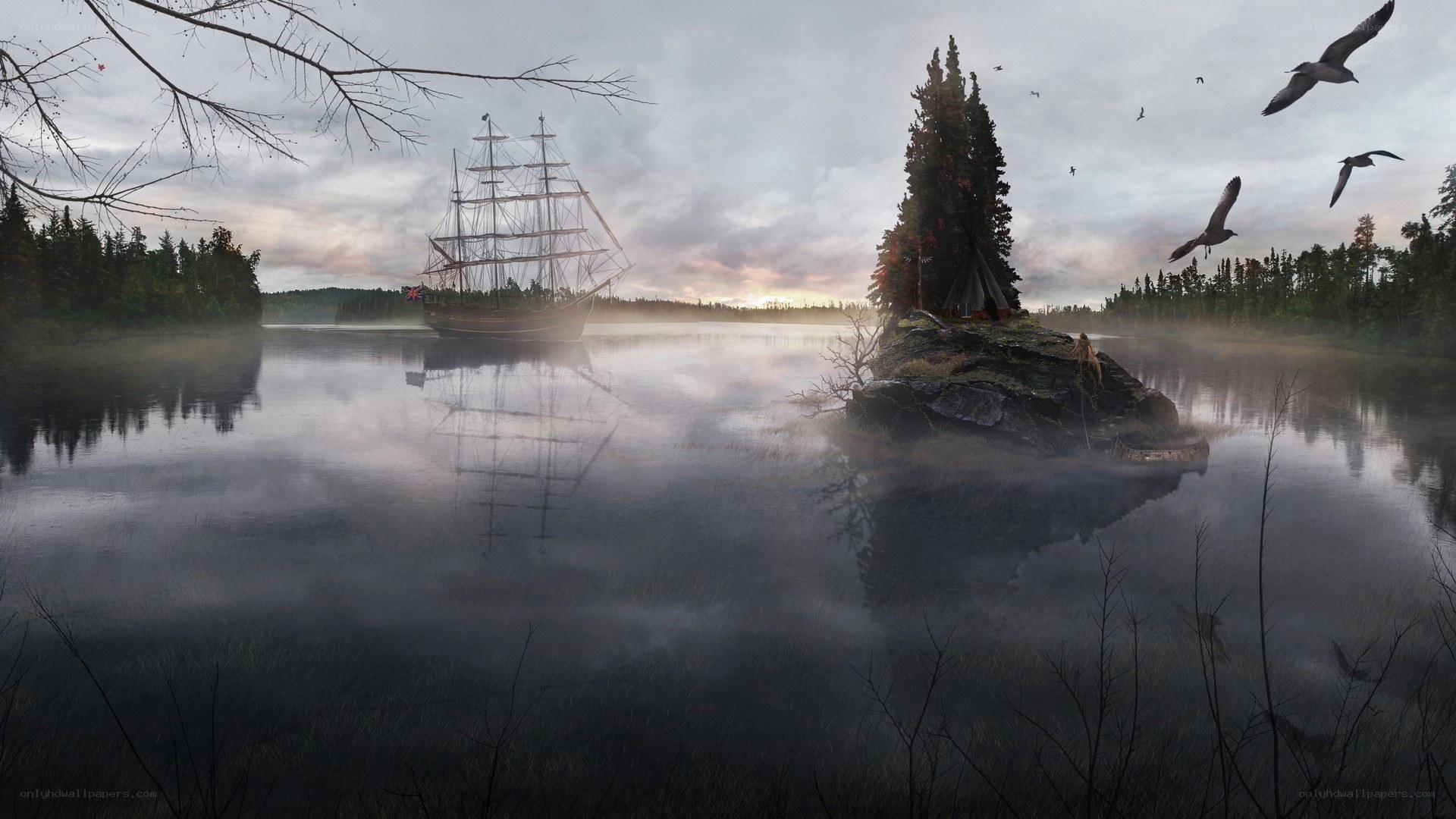 sailing ship on misty lake