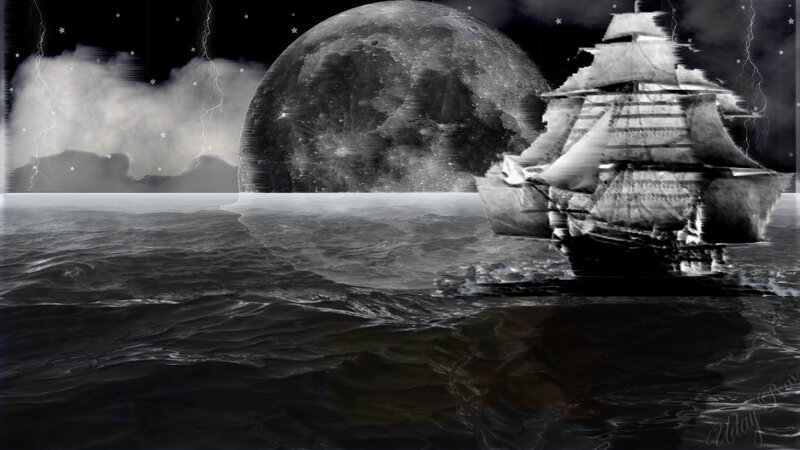 Sailing Ship on Ocean — Black, Dramatic