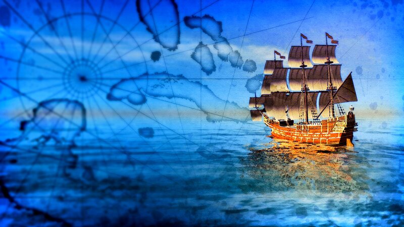 Sailing Ship on Ocean — Blue, Adventurous