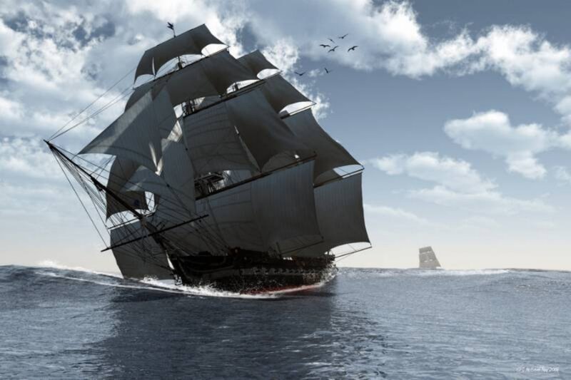 Sailing Ship on Ocean — Blue, Dramatic, Afternoon, Digital Art, Clouds