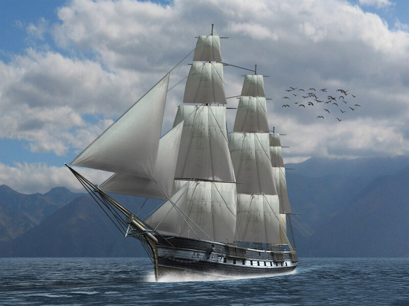 Sailing Ship on Ocean — Blue, Dramatic, Afternoon, Digital Art, Mountains
