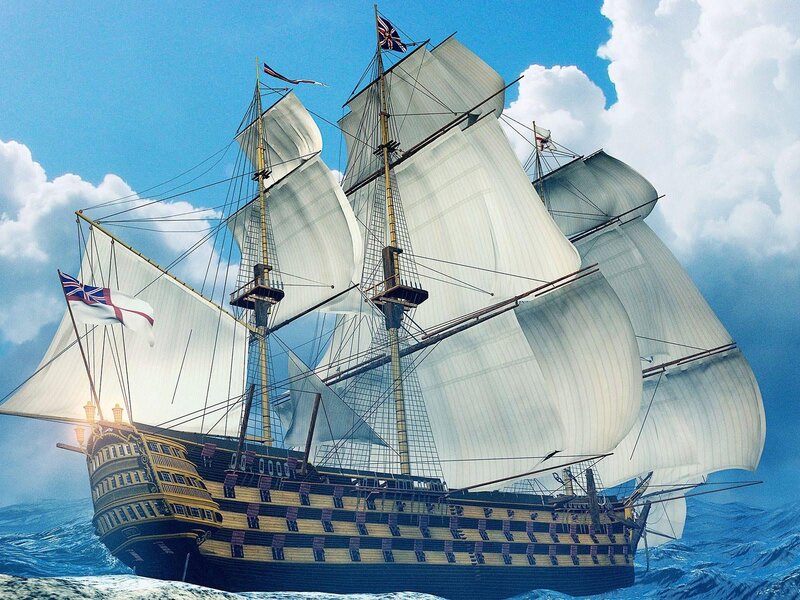 Sailing Ship on Ocean — Blue, Dramatic, Afternoon, Digital Art, Sails, Sky