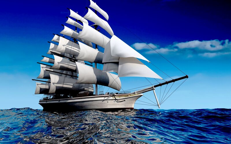 Sailing Ship on Ocean — Blue, Dramatic, Afternoon, Digital Art, Sails