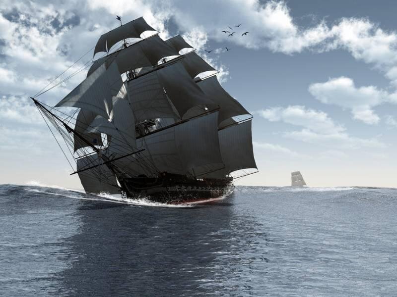 Sailing Ship on Ocean — Blue, Dramatic, Afternoon, Digital Art, Sky, Birds