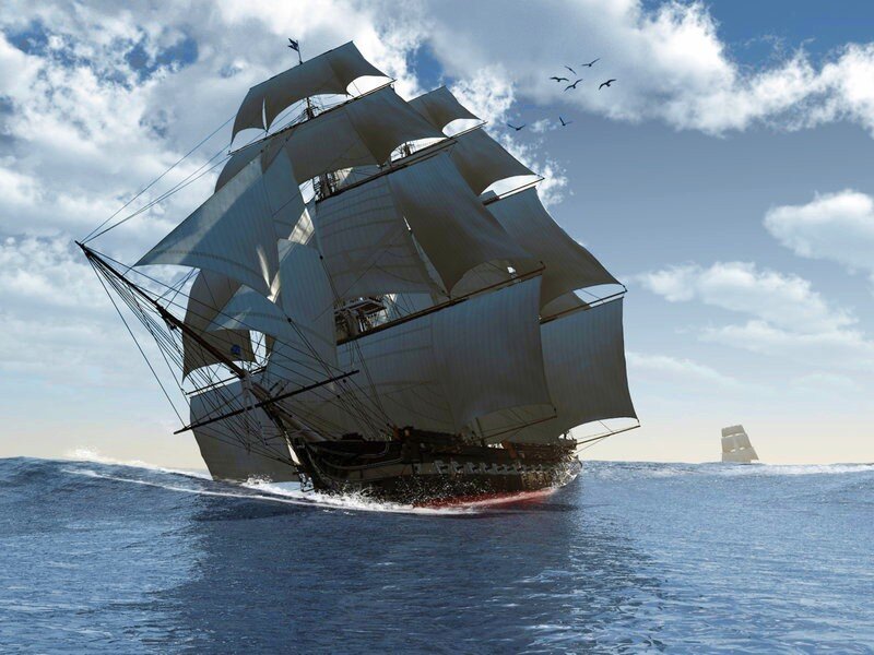 Sailing Ship on Ocean — Blue, Dramatic, Afternoon, Digital Art, Sky, Birds, White