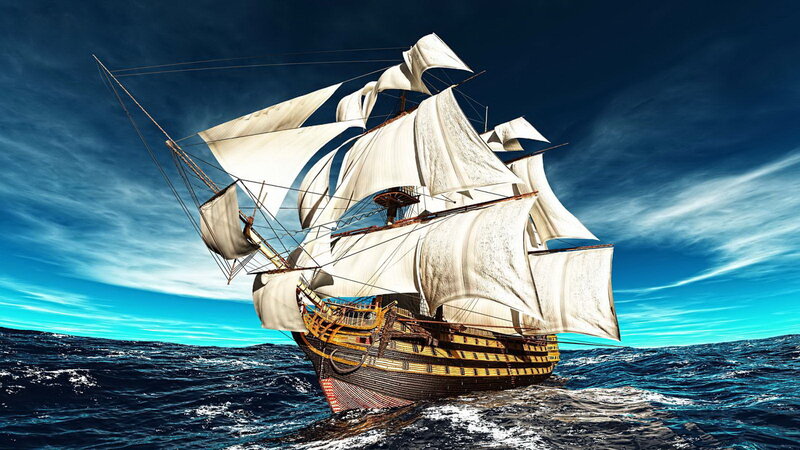 Sailing Ship on Ocean — Blue, Dramatic, Afternoon, Digital Art, Sky, Clouds