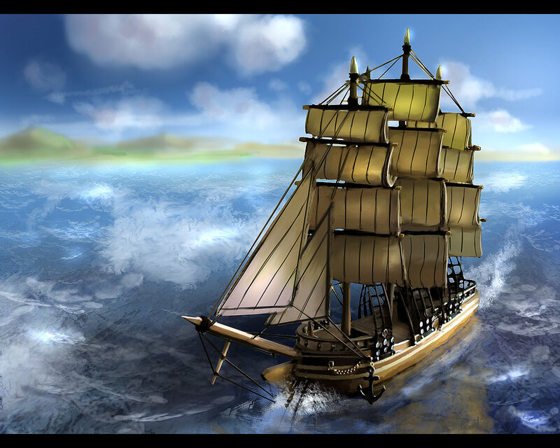 Sailing Ship on Ocean — Blue, Dramatic, Afternoon, Digital Art, Sky, Clouds, White