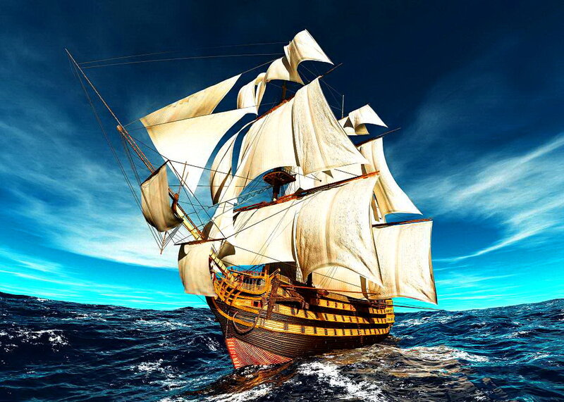 Sailing Ship on Ocean — Blue, Dramatic, Afternoon, Digital Art, Sky, Sails
