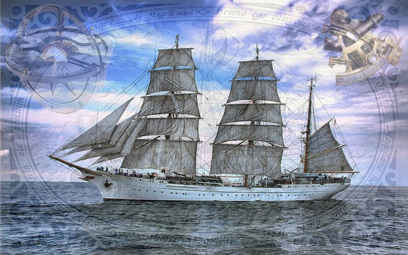 Sailing Ship on Ocean — Blue, Dramatic, Afternoon, Illustration