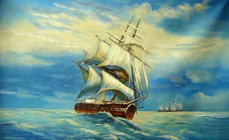Sailing Ship on Ocean — Blue, Dramatic, Afternoon, Painting, Clouds