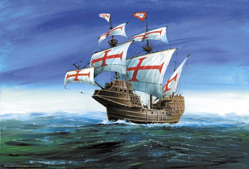 Sailing Ship on Ocean — Blue, Dramatic, Afternoon, Painting, Sails