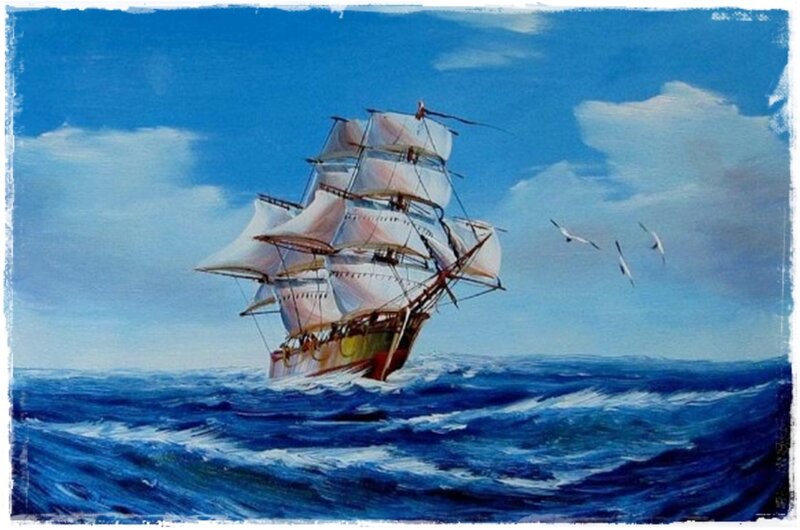 Sailing Ship on Ocean — Blue, Dramatic, Afternoon, Painting, Seagulls