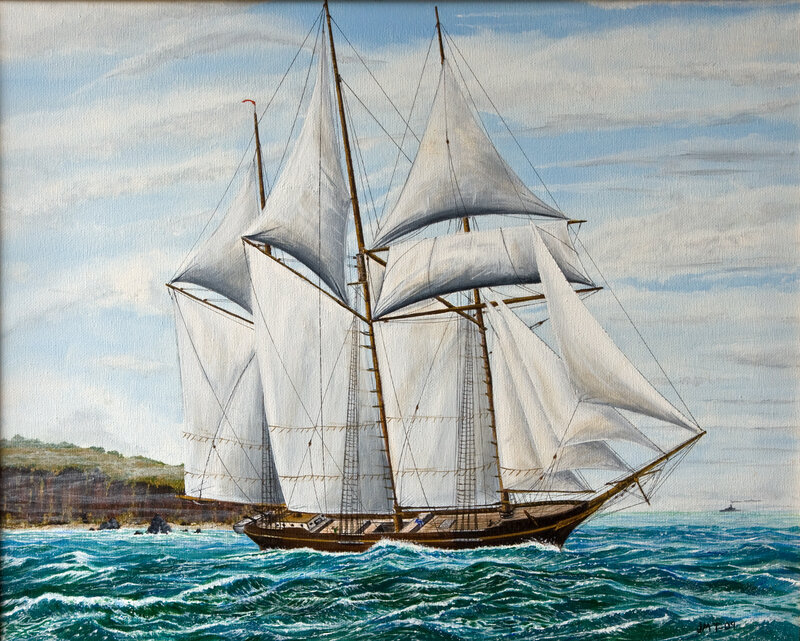 Sailing Ship on Ocean — Blue, Dramatic, Afternoon, Painting, Sky, Cliffs