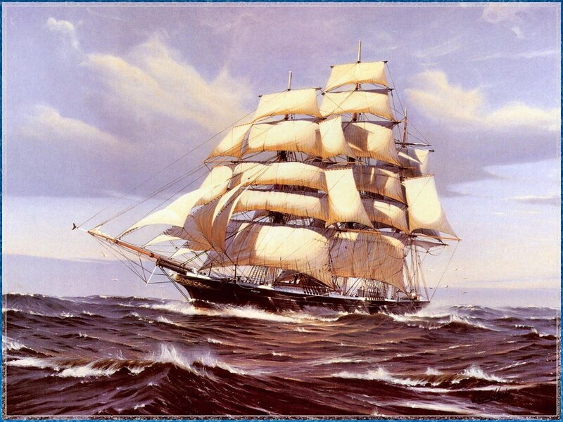 Sailing Ship on Ocean — Blue, Dramatic, Afternoon, Painting, Sky, Clouds
