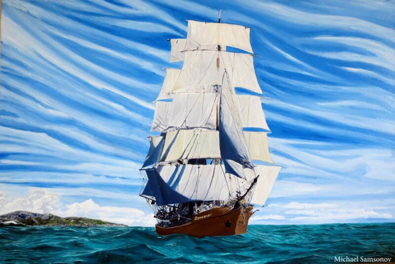 Sailing Ship on Ocean — Blue, Dramatic, Afternoon, Painting, Sky, Island