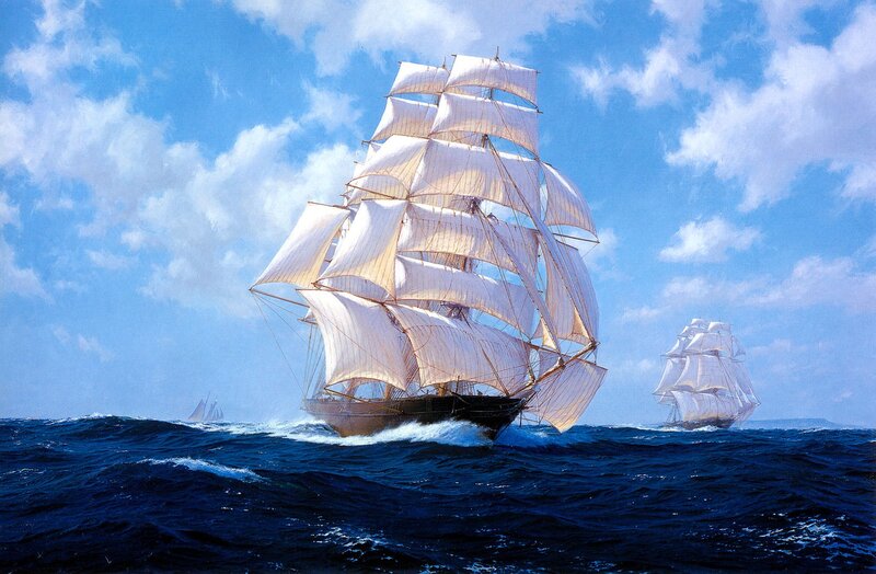 Sailing Ship on Ocean — Blue, Dramatic, Afternoon, Painting, Sky, Sails