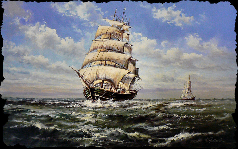 Sailing Ship on Ocean — Blue, Dramatic, Afternoon, Painting, Sky