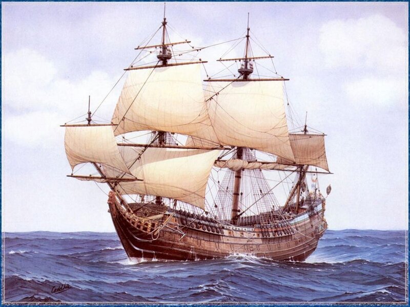 Sailing Ship on Ocean — Blue, Dramatic, Afternoon, Painting