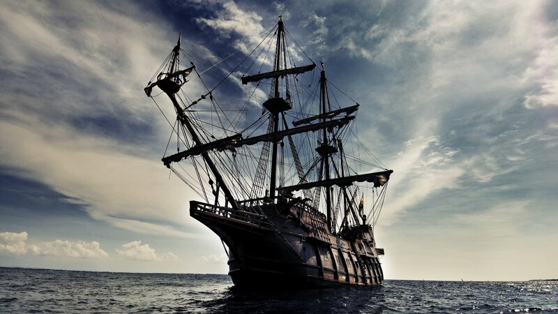 Sailing Ship on Ocean — Blue, Dramatic, Afternoon, Photograph, Sky, Clouds, Gray, Black
