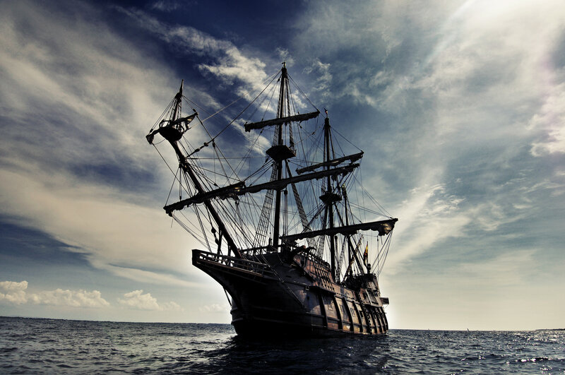 Sailing Ship on Ocean — Blue, Dramatic, Afternoon, Photograph, Sky