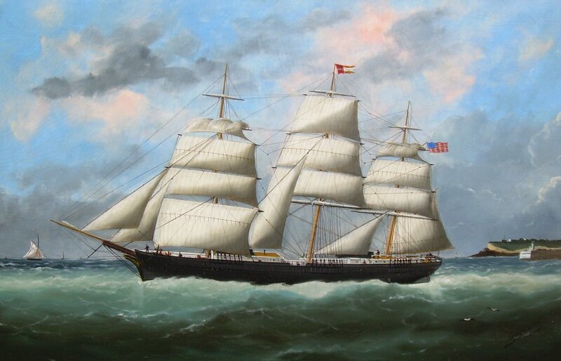 Sailing Ship on Ocean — Blue, Dramatic, Afternoon