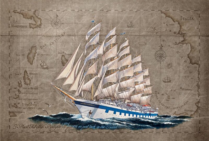 Sailing Ship on Ocean — Blue, Dramatic, Illustration