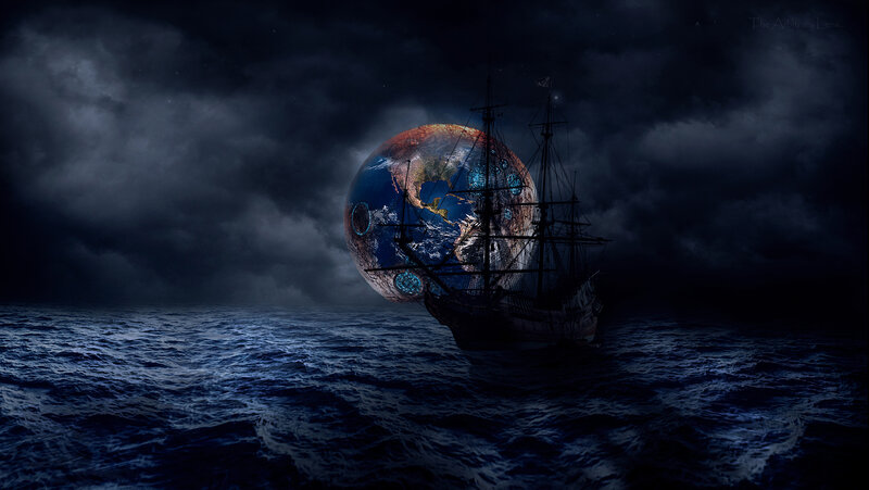 Sailing Ship on Ocean — Blue, Dramatic, Night, Digital Art