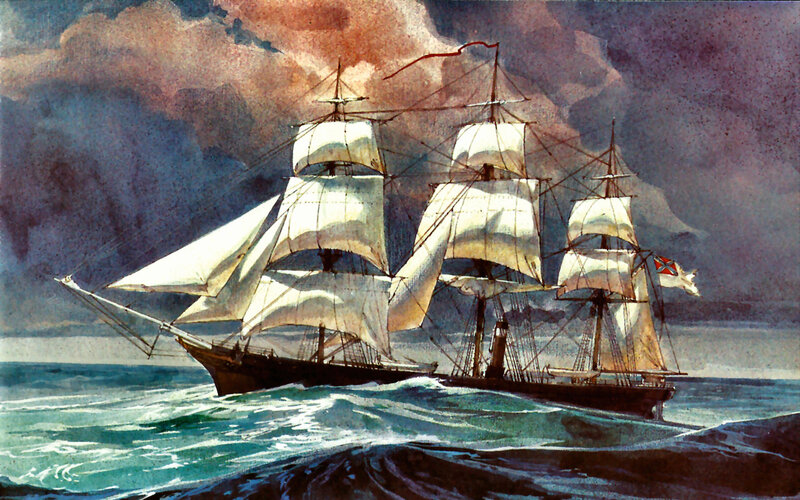 Sailing Ship on Ocean — Blue, Dramatic, Night, Painting