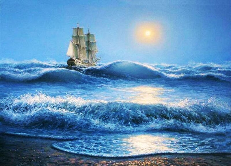 Sailing Ship on Ocean — Blue, Dramatic, Night, Painting, Waves
