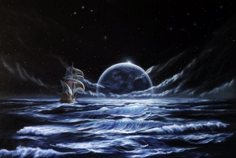 Sailing Ship on Ocean — Blue, Dramatic, Night