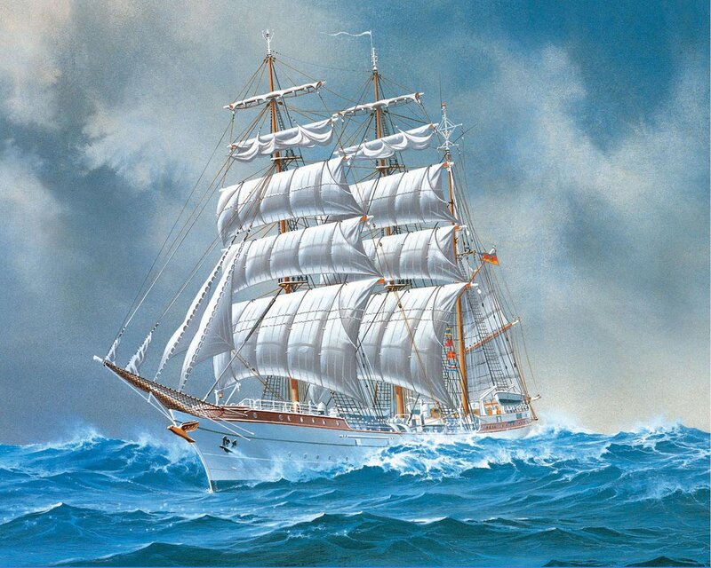 Sailing Ship on Ocean — Blue, Dramatic, Painting, Sails