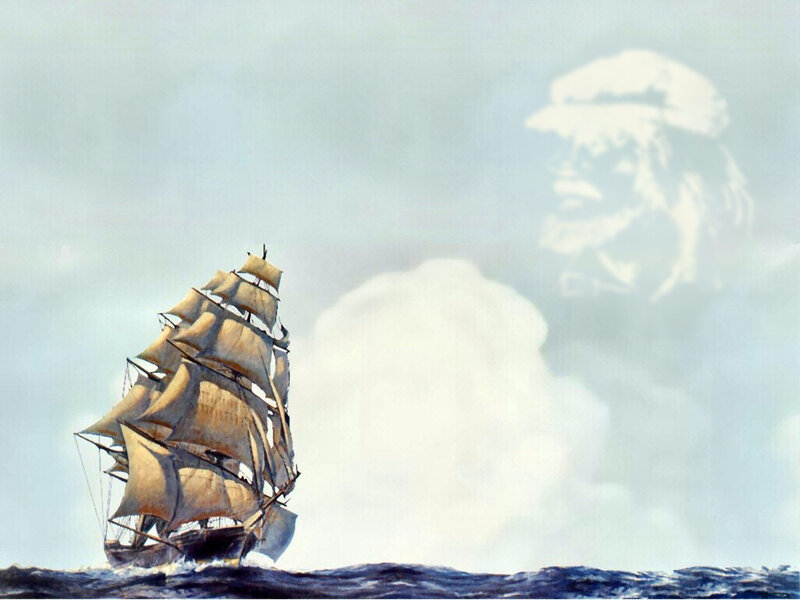 Sailing Ship on Ocean — Blue, Dramatic, Painting, Sea