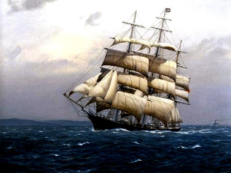 Sailing Ship on Ocean — Blue, Dramatic, Painting, Sky