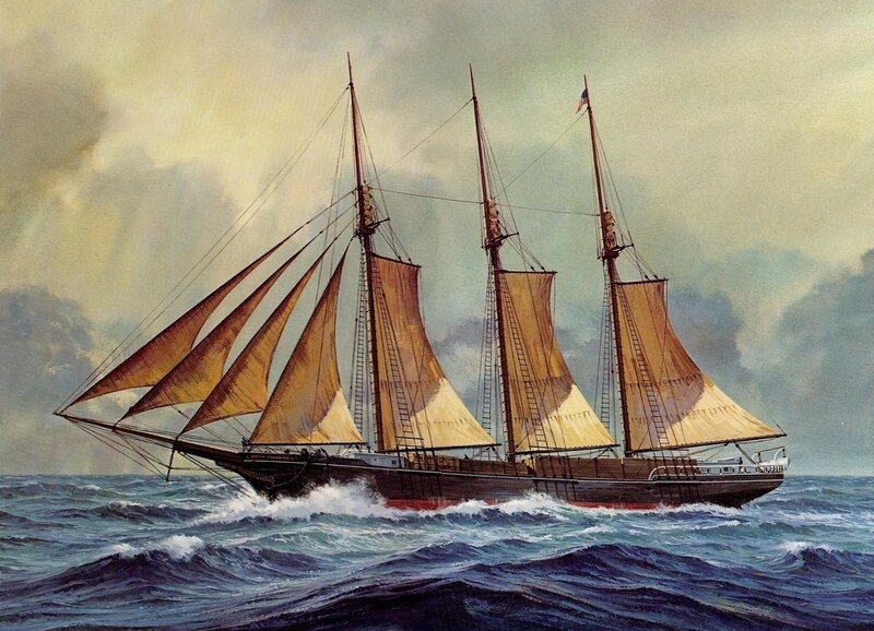 Sailing Ship on Ocean — Blue, Dramatic, Painting