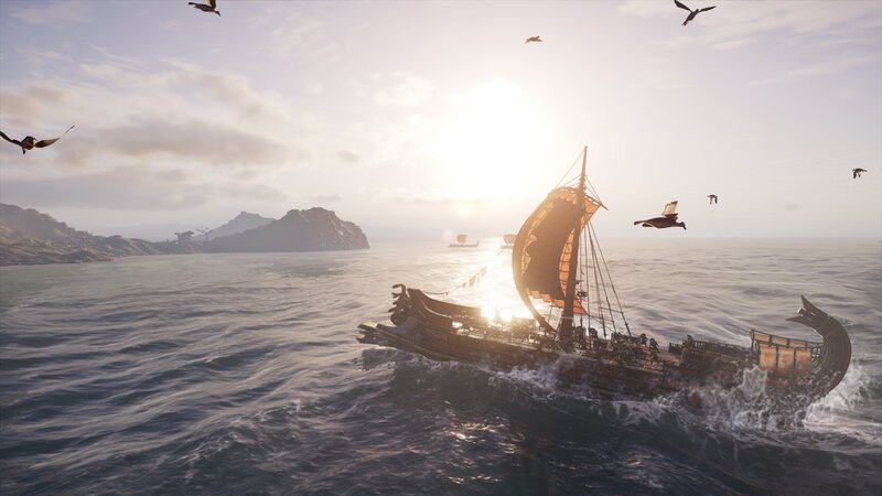 Sailing Ship on Ocean — Blue, Dramatic, Sunset, 3d Render, Seagulls