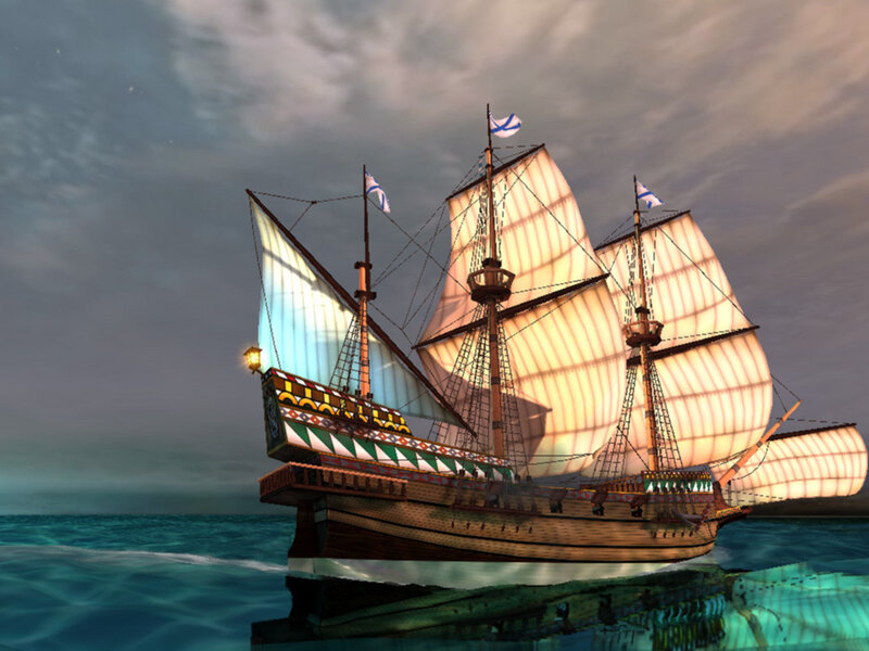 Sailing Ship on Ocean — Blue, Dramatic, Sunset, 3d Render