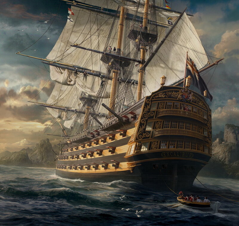 Sailing Ship on Ocean — Blue, Dramatic, Sunset, Digital Art, Boat