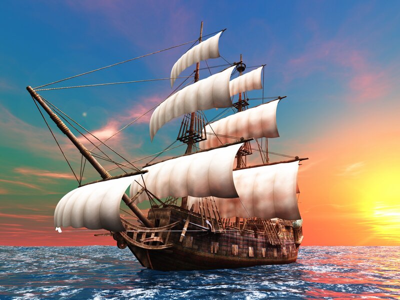 Sailing Ship on Ocean — Blue, Dramatic, Sunset, Digital Art, Sails, Sky
