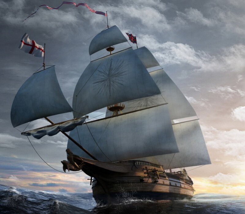 Sailing Ship on Ocean — Blue, Dramatic, Sunset, Digital Art, Sails