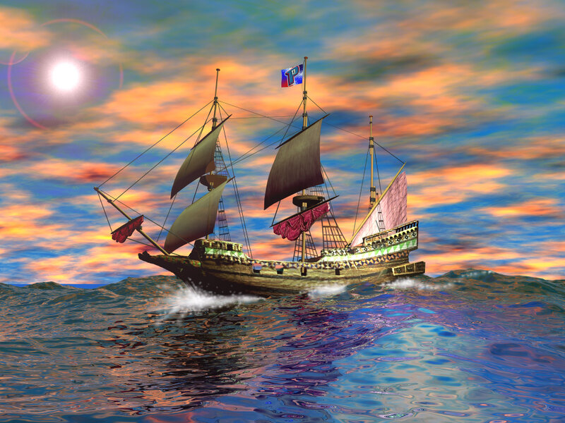 Sailing Ship on Ocean — Blue, Dramatic, Sunset, Digital Art, Sea, Sky