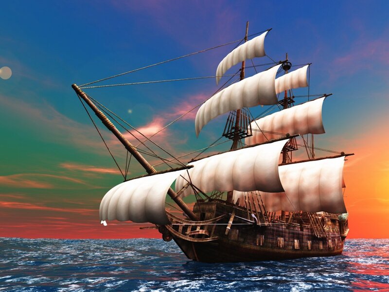Sailing Ship on Ocean — Blue, Dramatic, Sunset, Digital Art, Sky, Sails