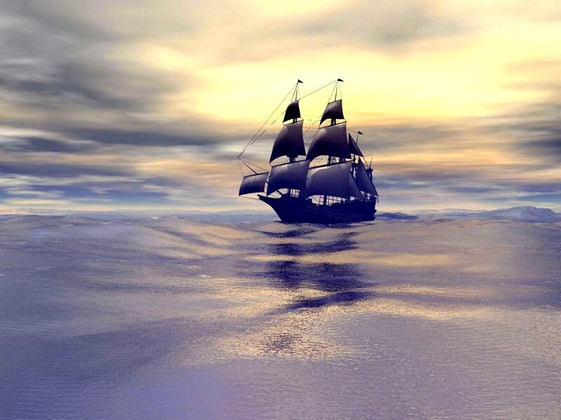 Sailing Ship on Ocean — Blue, Dramatic, Sunset, Digital Art, Sky