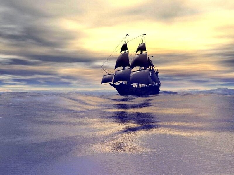 Sailing Ship on Ocean — Blue, Dramatic, Sunset, Digital Art