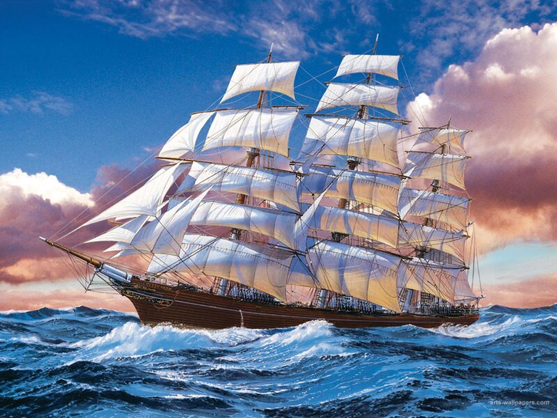 Sailing Ship on Ocean — Blue, Dramatic, Sunset, Illustration, Sky
